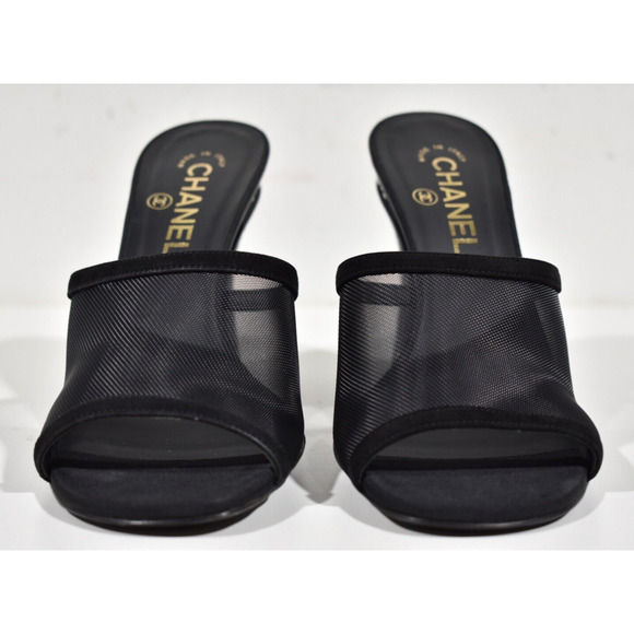 Chanel 22A Black Mesh Pearl CC Logo Block Heel Backless Mule Sandal Pump 40.5 - Picture 5 of 12